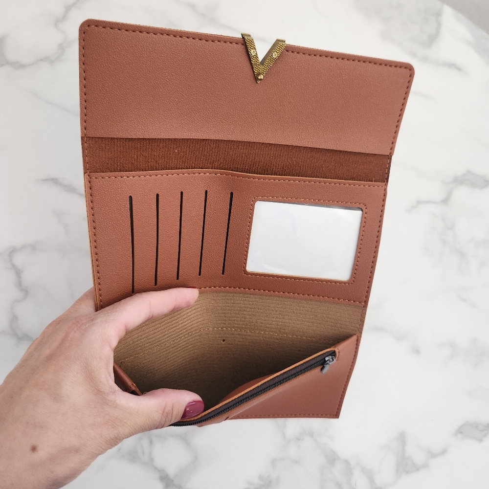 Brown Pu Leather Clutch Wallet With Gold V Accent - Picture 7 of 13